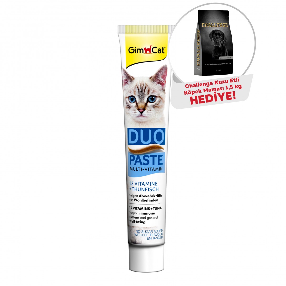 GimCat Kedi Macunu Mv Duo Tuna +12 Vit 50gr + Challange Kuzu Etli Köpek Maması 1,5 Kg Hediye