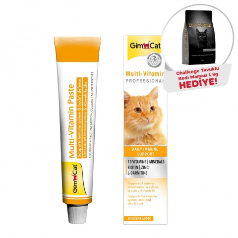GimCat Multivitamin 20 gr + Challange Tavuklu Kedi Maması 1 Kg Hediye